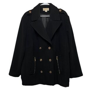 Michael Kors Black Wool Pea Coat 3X Gold Tone Buttons